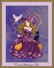 Load image into Gallery viewer, Belle purple witch cross stitch pattern with silver owl Luma, black cat Nyra and pumpkins

