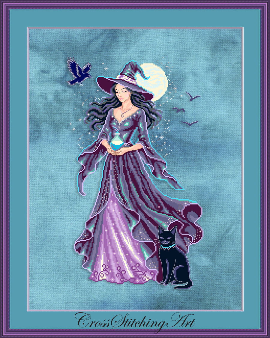 Selene moonlit witch cross stitch pattern with potion, raven and black cat