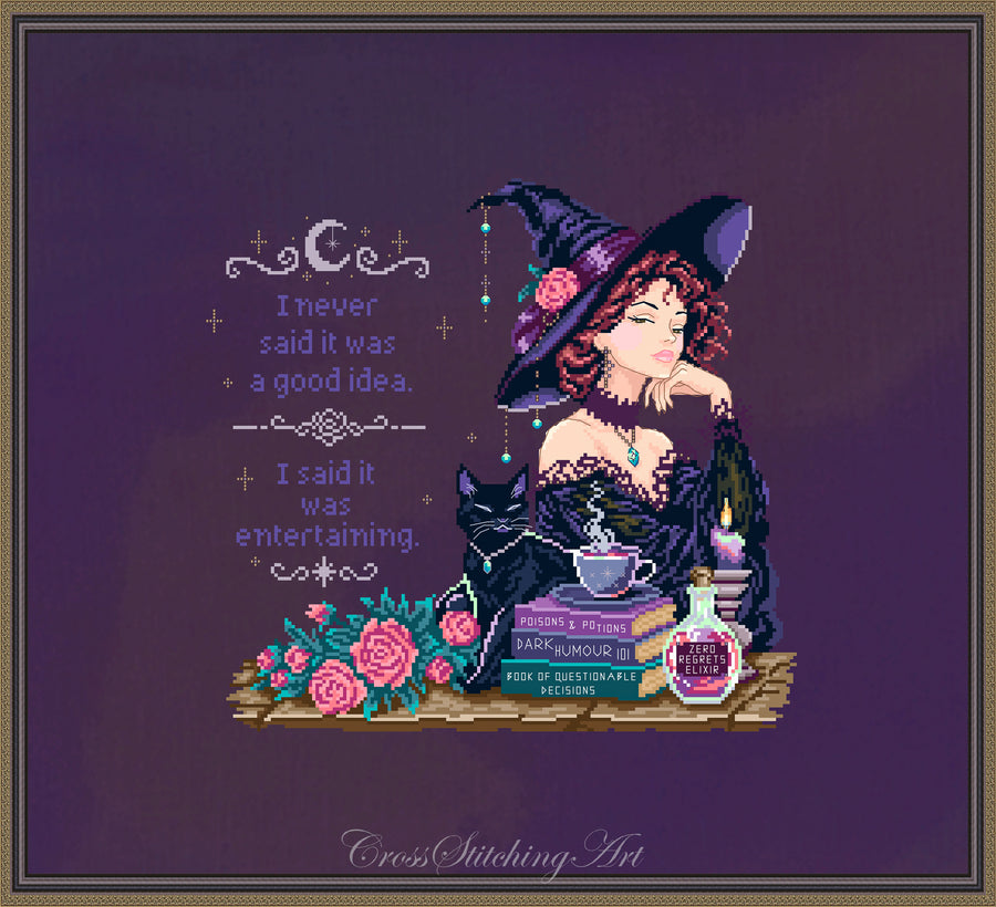 Unapologetically Me witch cross stitch pattern with black cat, potions and books