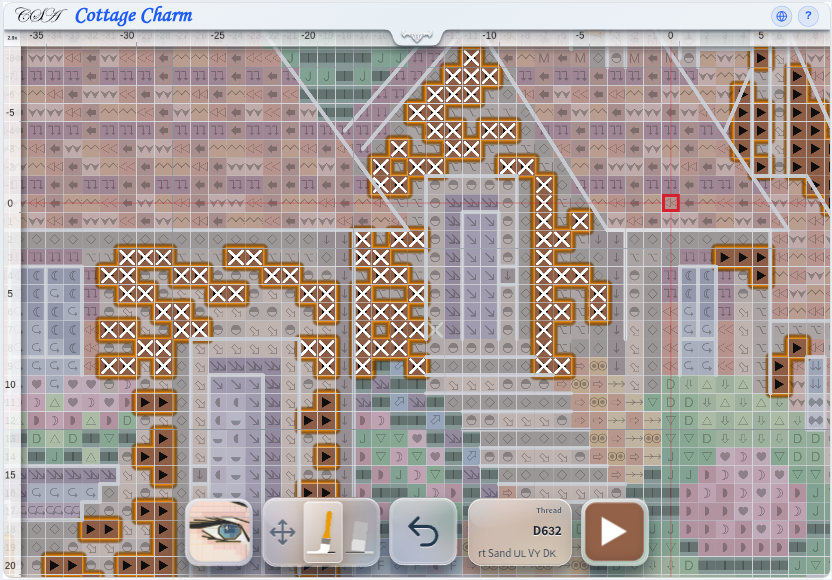 Cottage Charm with completed stitches visible in a landscape tablet layout