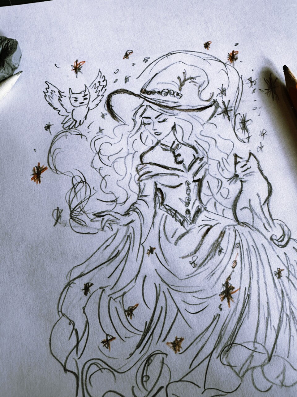 Fantasy witch design development from sketch to chart