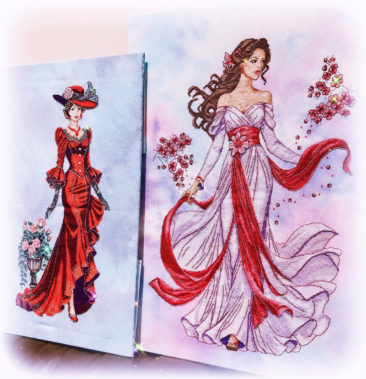 Finished cross stitch lady in a red gown